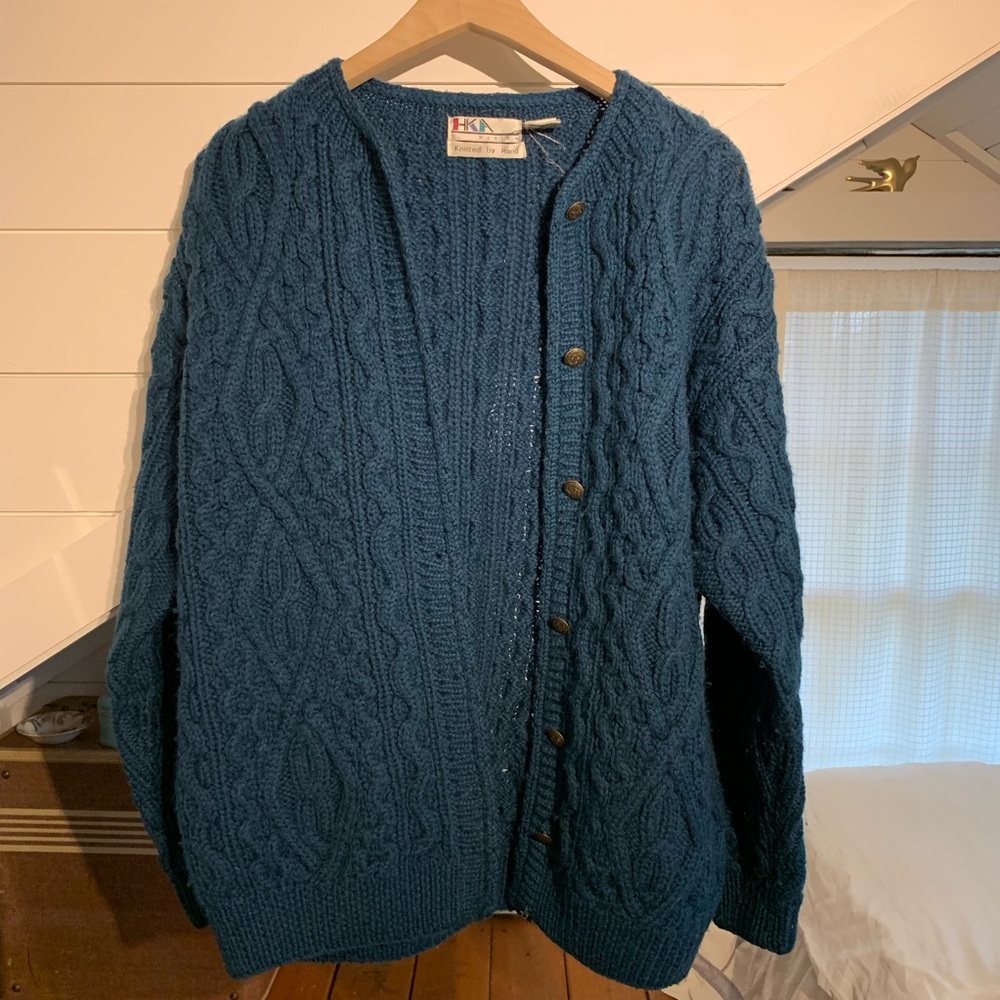 VTG HKA Design Hand Knit Teal Wool Cardigan